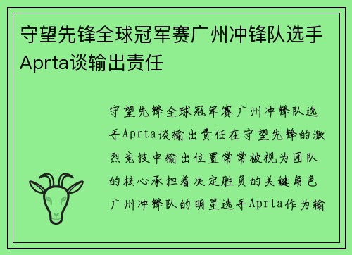 守望先锋全球冠军赛广州冲锋队选手Aprta谈输出责任