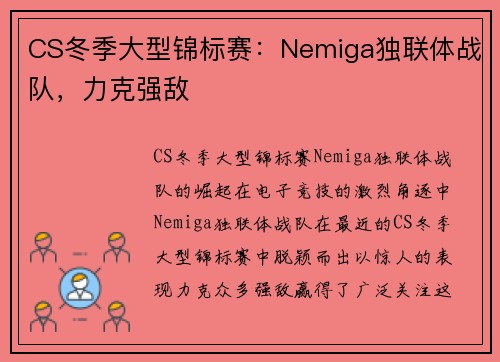CS冬季大型锦标赛：Nemiga独联体战队，力克强敌